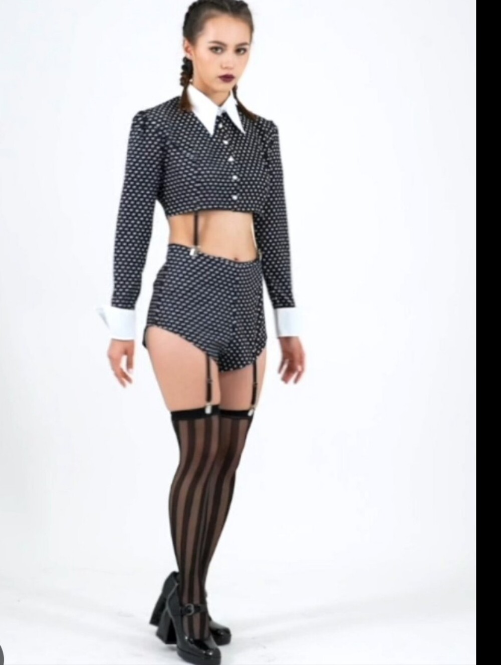 Addams Girl Black Polka Dot Crop Blouse & High-Waist Garter Shorts Set